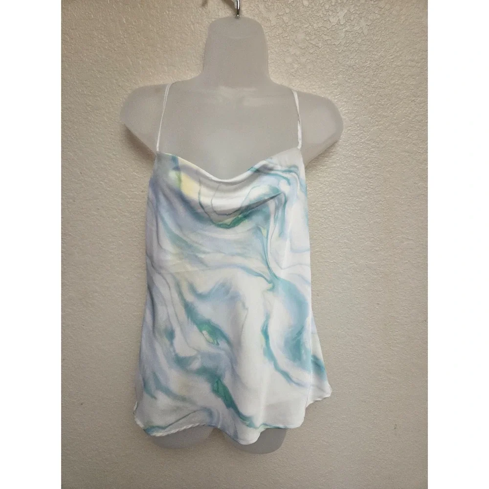 Express Womens Cami Top, Sleeveless, Marble‎ Print, Cowl Neck, White Blue Green - Picture 2 of 6